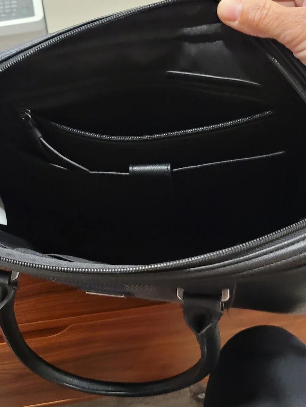 Ted Baker Black Leather Laptop Bag with Blue Stripe